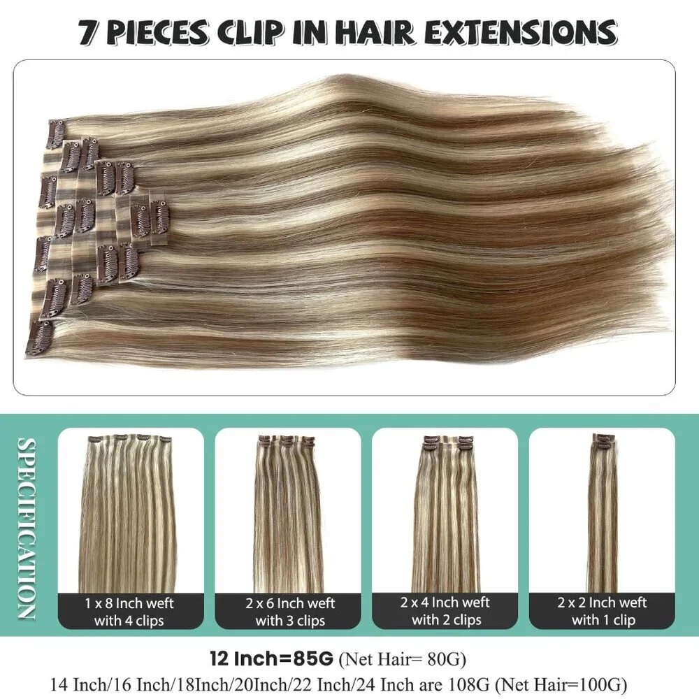 Seamless Clip in Hair Extensions Human Hair Blonde Balayage 18 Inch